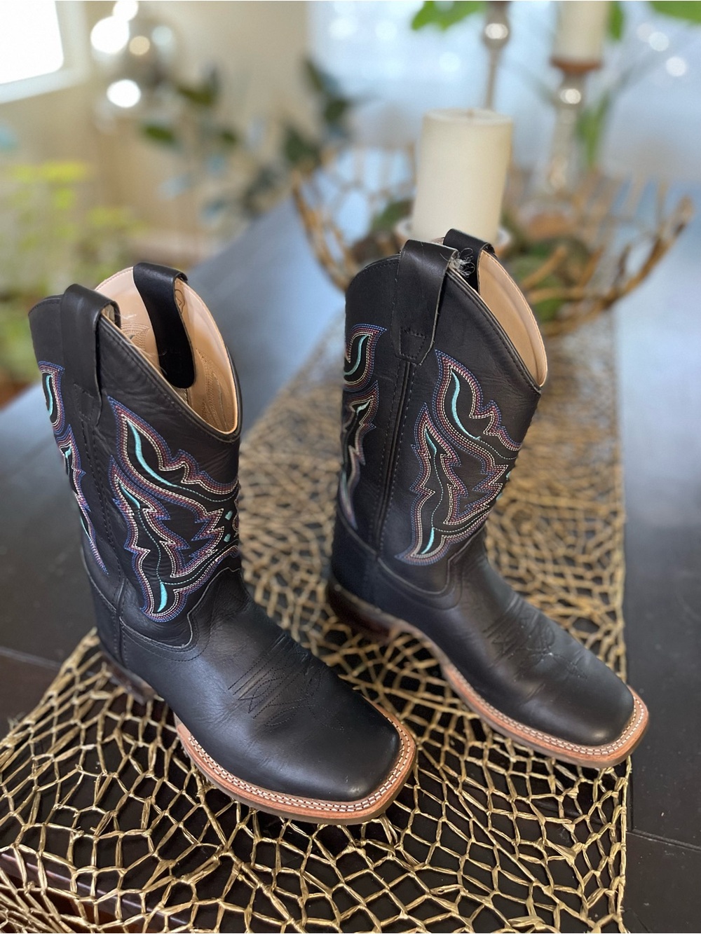 Shyanne Girls Leather Western Cowboy Square Toe Boots with Teal & Pink Stitching